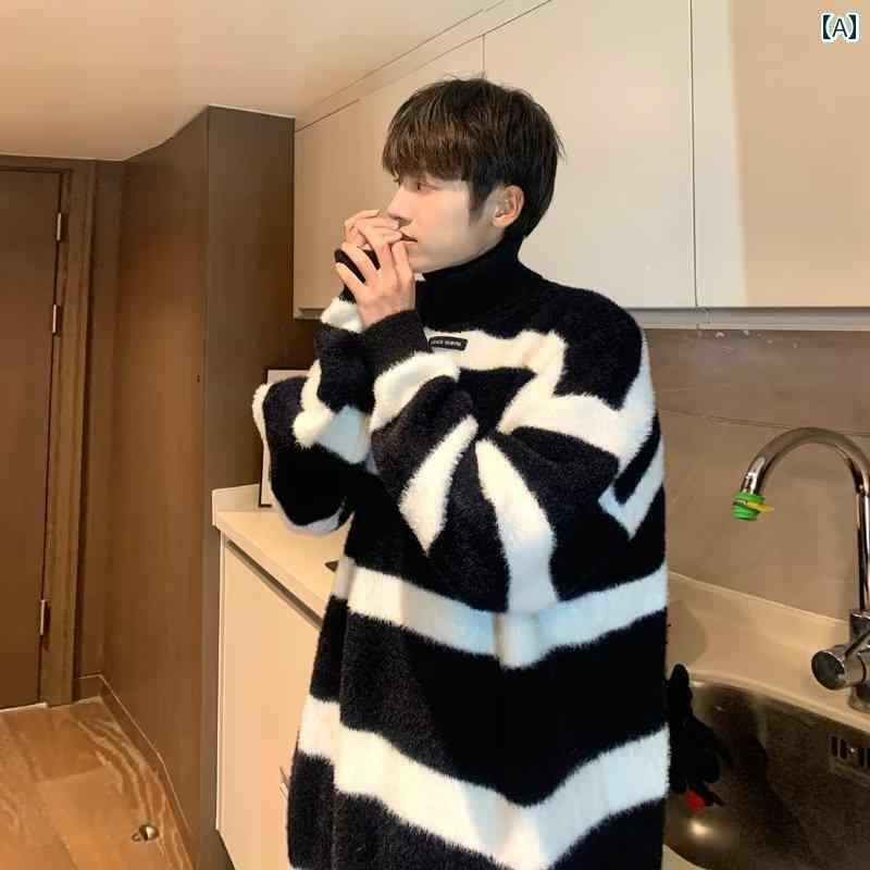 メンズ 秋冬 タートルネックセーター 厚手 白黒 ストライプ カジュアル セーター 人 カップル 暖かい セーター 4,730円