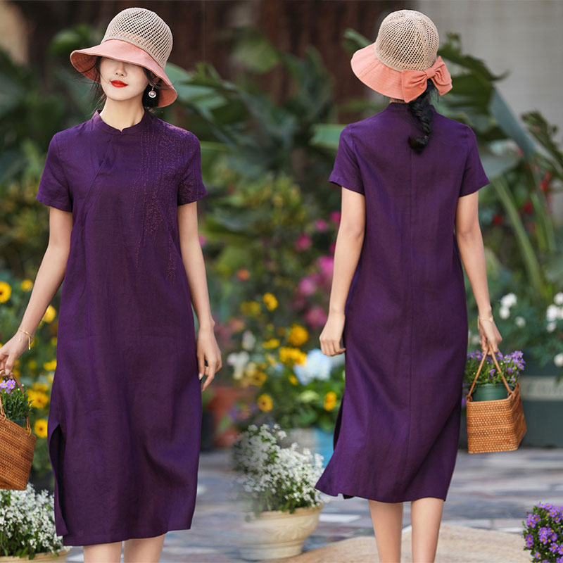 半袖刺繍　パープルワンピース　薄手綿麻　レディース 体型カバー着痩せ　母の日 プレゼント 新作　お洒落 キレイめ 　夏用　涼しい20代30代40代