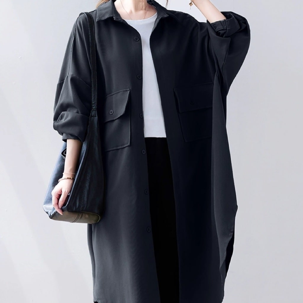 レディース トップス シャツ ミディアム 膝丈 長袖 ドロップショルダー 襟付き 角襟 オーバーサイズ ポケット 前開き ボタン シンプル カジュアル おしゃれ こなれ感 ラフ 個性的 主役級 抜け感