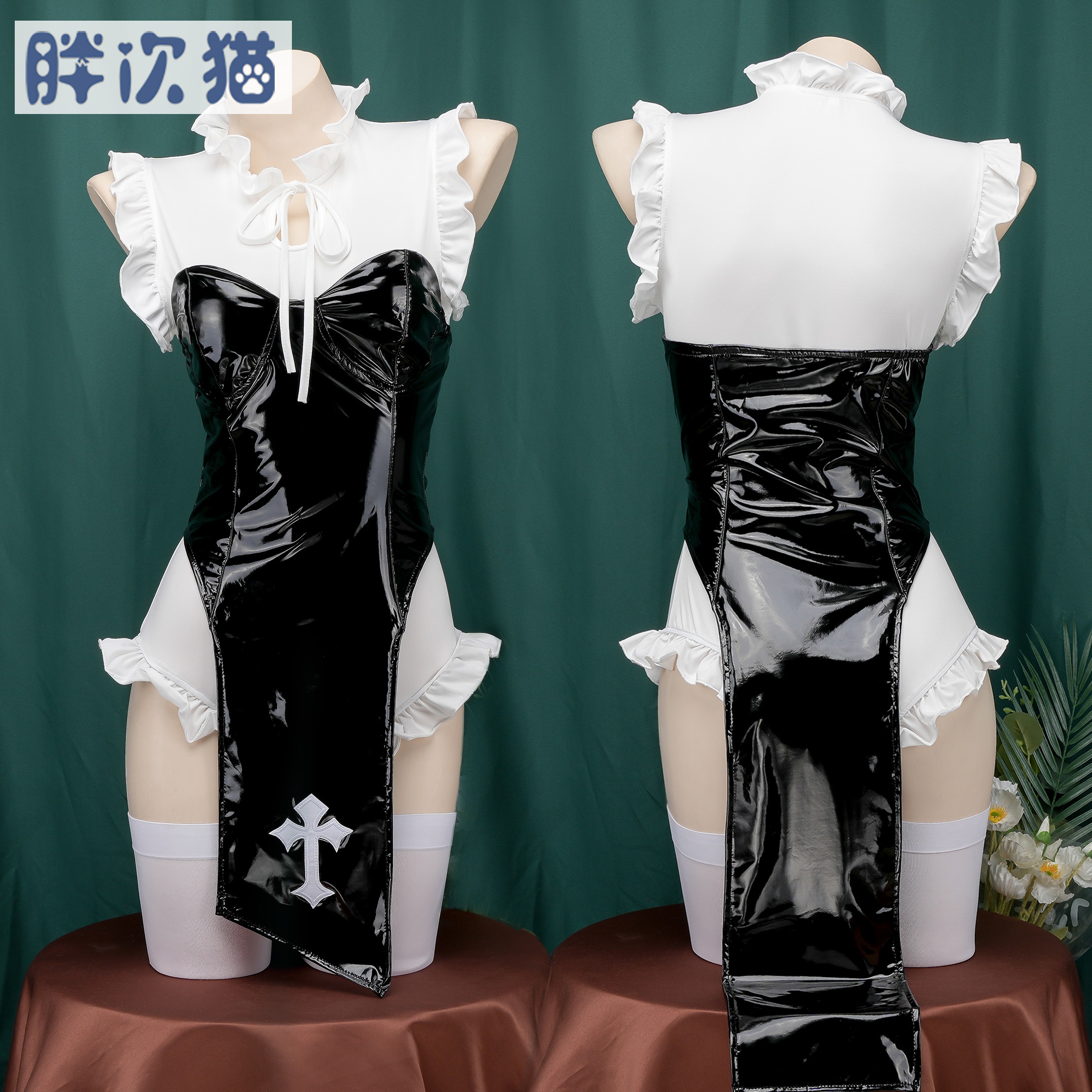 セクシーなパテントレザー修道女制服スーツ隠しボタンジャンプスーツホームパジャマプライベートナイトガウン