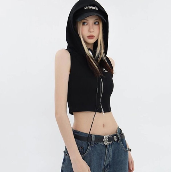 d.i.a. フード付き黒タイトノースリーブパーカー Qoo10] クロップド フルジップ ノースリーブ パ