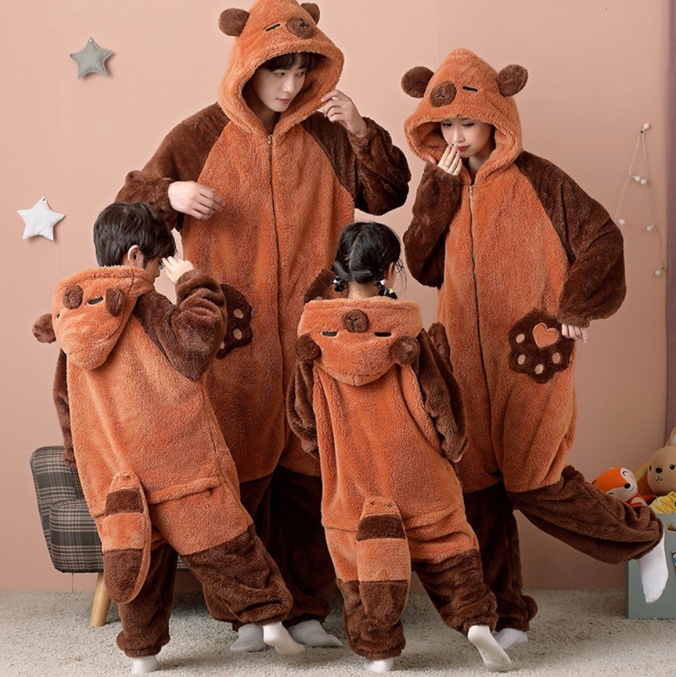 カピバラ着ぐるみパジャマ ブラウン 茶 韓国 オルチャン レディース 着ぐるみパジャマ 着ぐるみパジャマ大人 着ぐるみ カピバラ キッズ 親子 フェミリー パジャマ ナイトウェア コスプレ もこもこ
