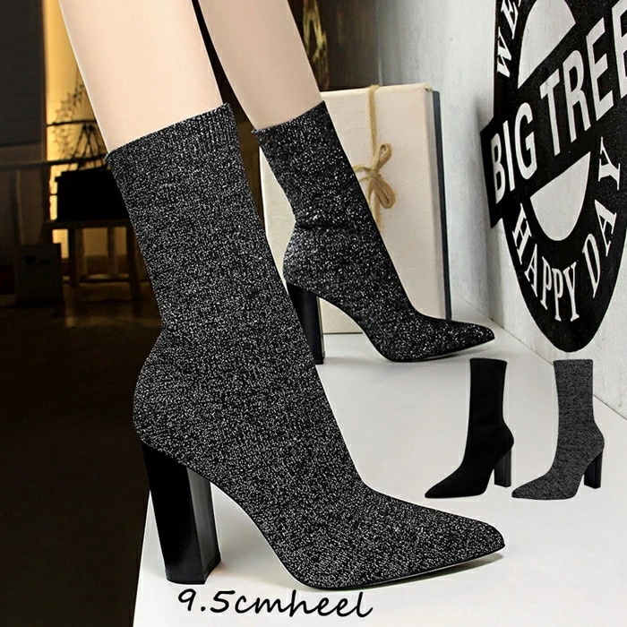 ブーツ レディース ショートブーツ ソックスブーツ レディース シューズ チャンキーヒール　ブーツ ポインテッドトゥ レディース靴 ショートブーツ ストレッチブーツ 美脚 太ヒール チャンキーヒール
