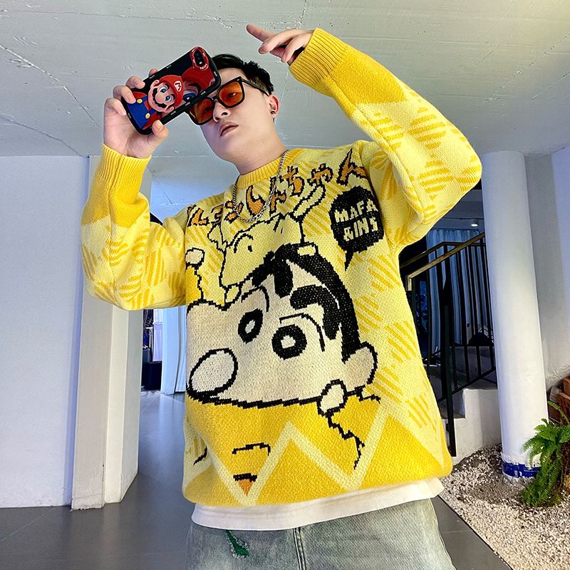 3日以内に出荷 秋冬クレヨンしんちゃん漫画ジャカード丸首セーター男女ゆるいレトロ保温厚手ニット潮 9月の新型送料無料