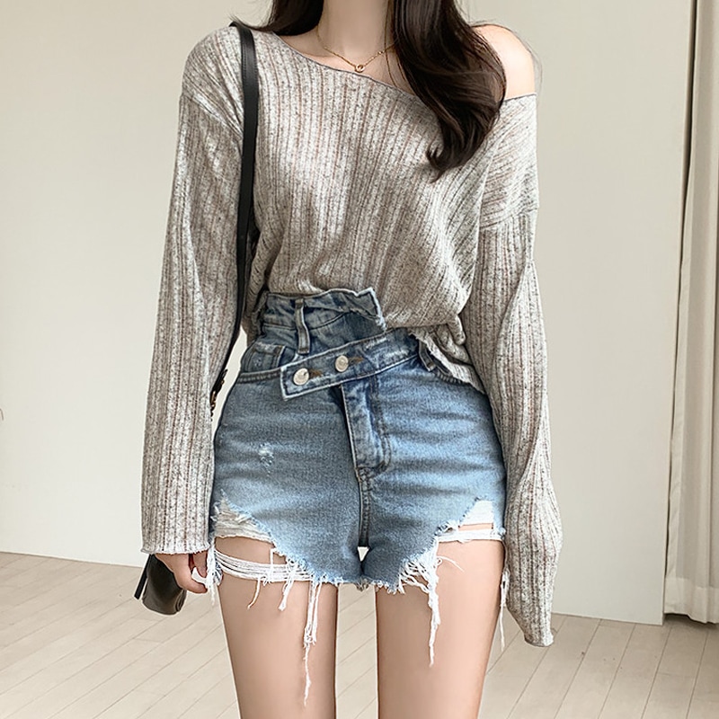 OH0064 アシンメトリー ショートデニムパンツ 2色