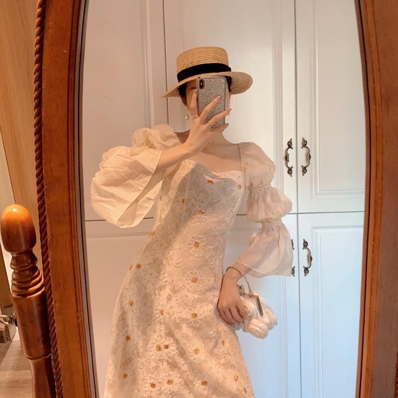 ロングスカートデザインセンスレトロハイエンドベルフラワーティーブレイクドレス春女性