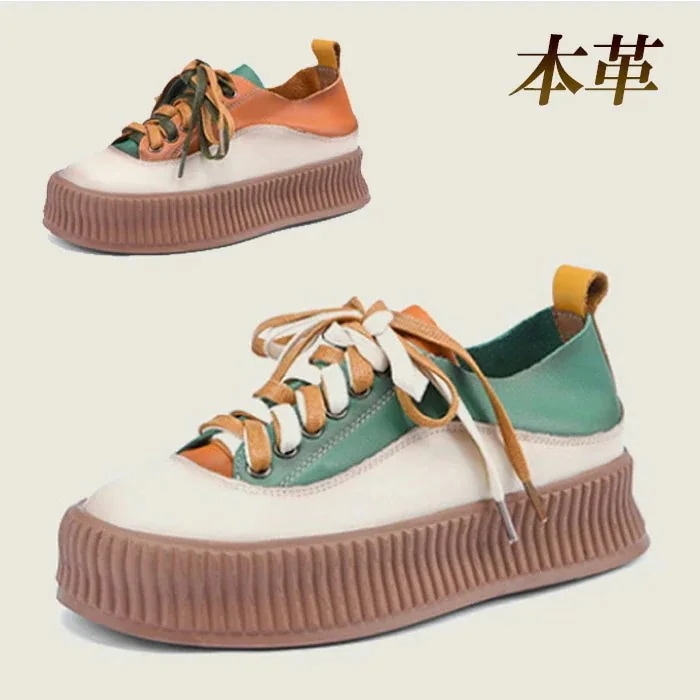 【急速出荷!】スニーカー レディース ローカット レースアップ 本革 厚底 人気 カジュアルシューズ オレンジ グリーン マットカラー カラーシューレース