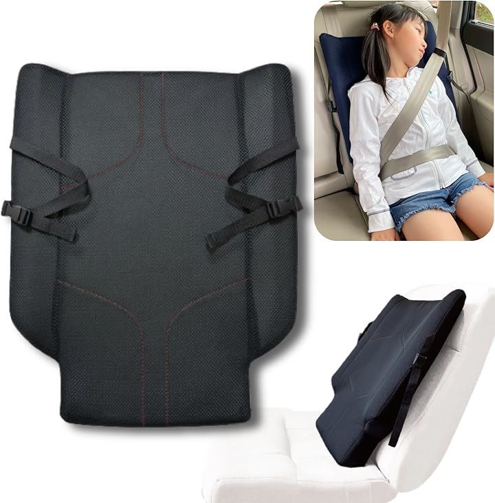 後部座席用クッション 子供 シートベルト補助 首かっくん防止 車リアシート用リクライニング 6才以上 小柄な女性にも(ブラック, 本体：42cmx57cmx12cm　箱：43)