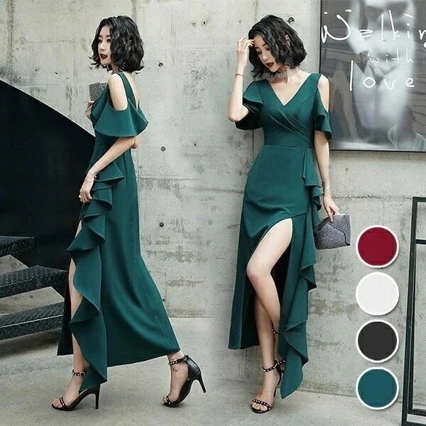 ドレス 大人 ピアノ 発表会 ロングドレス 演奏会 結婚式 母親 ピアノ発表会 黒 袖付き ロング サイドスリットドレス ｖネック 肩出し フリル 二次会 背中開き カクテルドレス 緑 グリーン ワン