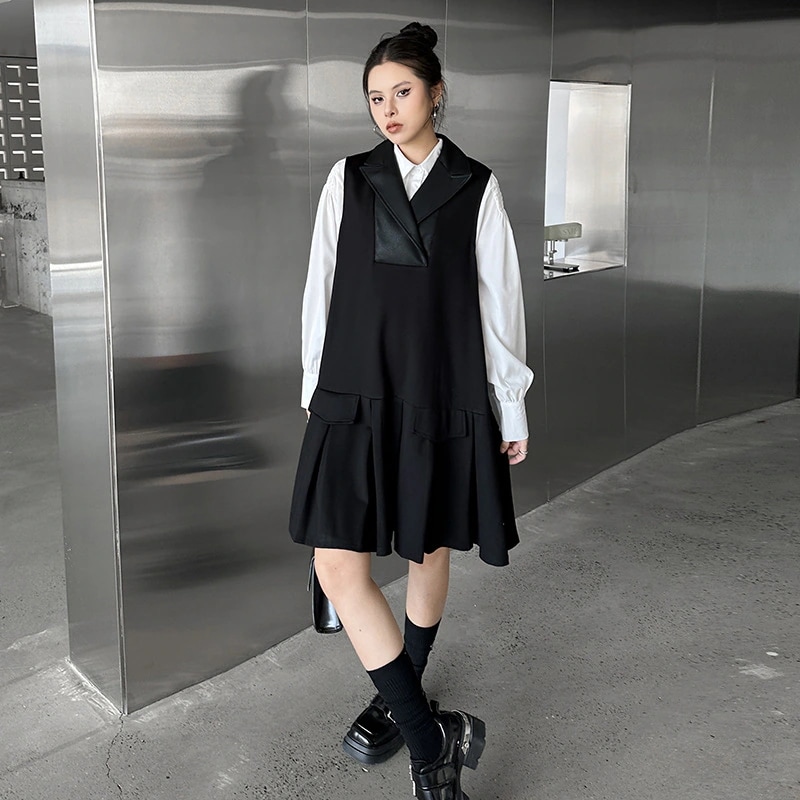 2025春 ミドル丈 ワンピース PUレザードッキング おしゃれ レディース 関連商品購入可能