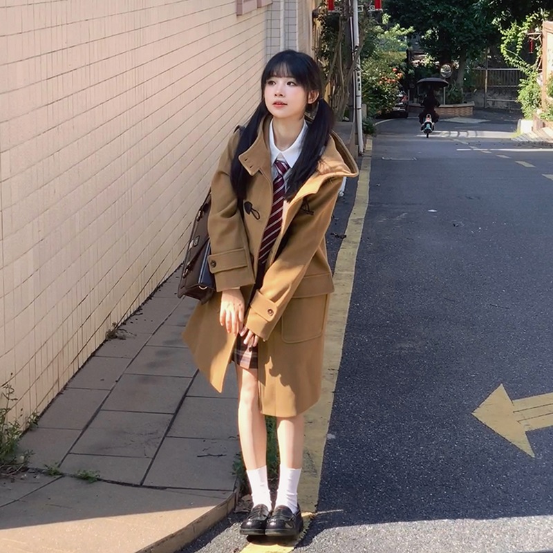 JK スクール用品 カレッジスタイル ウールコート レディース スイートホーンボタンコート 女神ガール キャメルカラー
