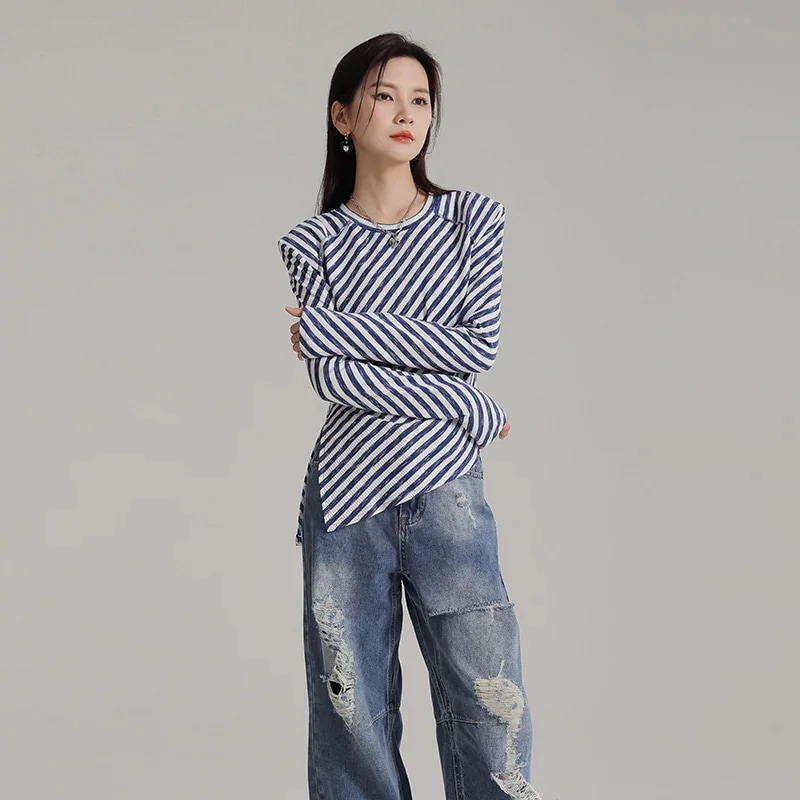 【J.Fashion】 ボーダー Tシャツ 長袖 スリム 弾力性 レディース ロンT トップス 関連商品は店で購入可能30%までに制限