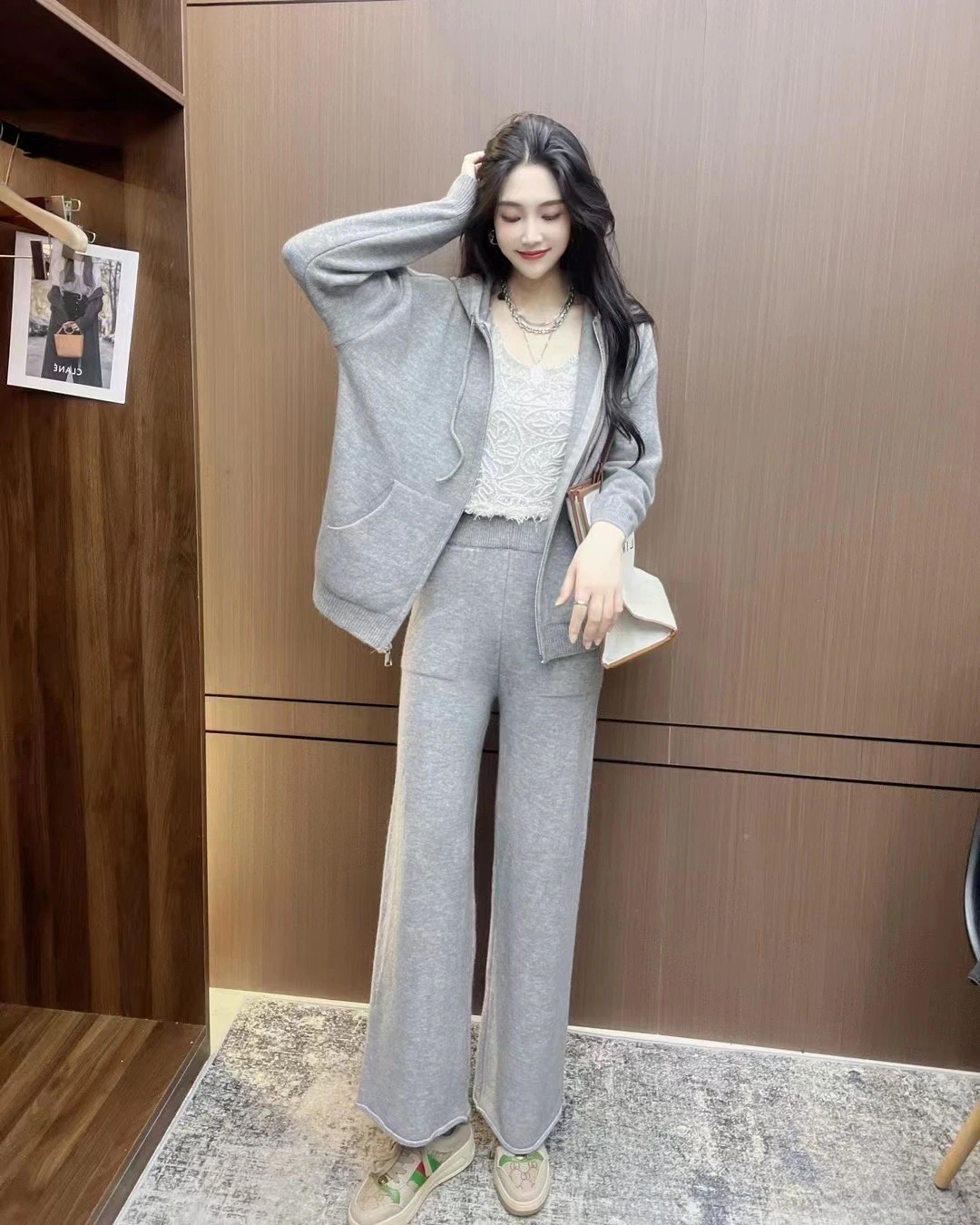 セット アップ 涼しく楽ちんセットアップニットセット 上下セット パーカー＋ワイドパンツ 2セット 韓国ファション ファスナー 防寒 セーターセット ワイドパンツ フード付き カジュアル