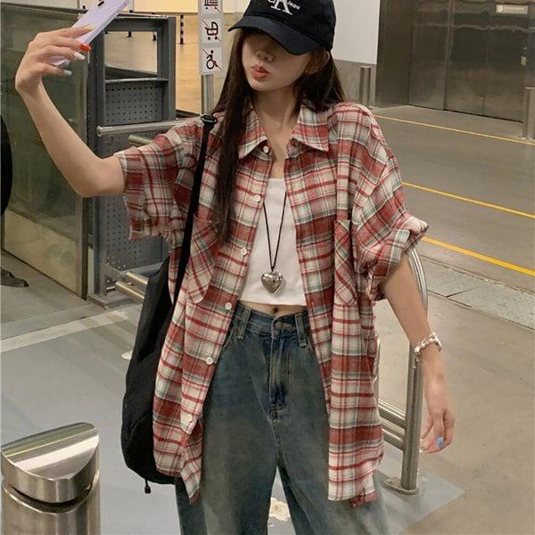 女性オーバーサイズスクエアチェックポケットカラー半袖シャツSDW-BLH-SLL1001419