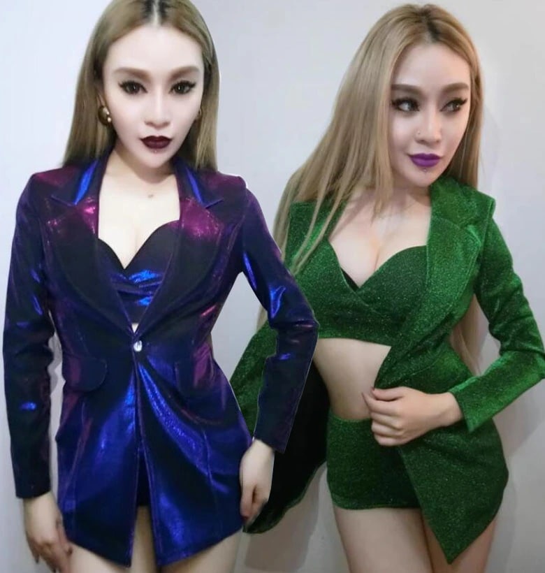 レディース ステージスーツ3点セット きらきら 1個釦 長袖 ミドル丈 テラード ジャケット ブラジャー ミニパンツ 舞台 ステージ衣装 おしゃれ ジャズ パンクロック ショートパンツスーツセット 結