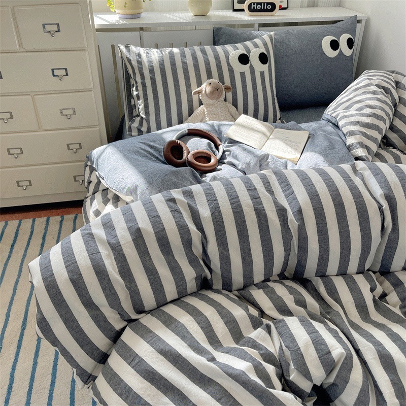 北欧風シンプルストライプの純綿春夏シーツと掛け布団カバーの4点セット寝具3点セット