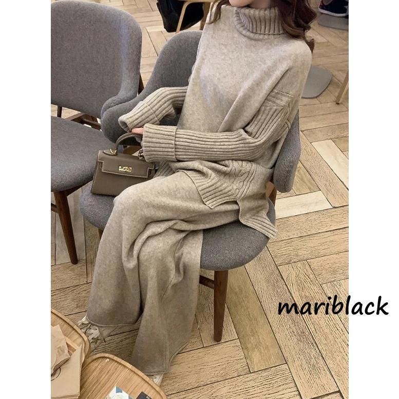 セットアップ レディース 秋冬 ニット ニットセーター ワイドパンツ 長袖 ニット 通勤 カジュアル 冬