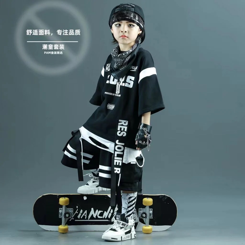 【快適な生地】子供の街のダンスのファッション服hiphop男の子のファッションのヒップホップのセットの男の子の子供のドラムのファッションのクールな公演服の夏