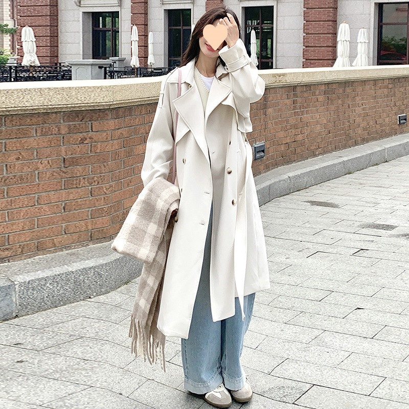 2025 春と秋のミドル丈膝上韓国スタイルウインドブレーカーコート女性のためのダブルブレスト白痩身インターネット有名人小さなコート