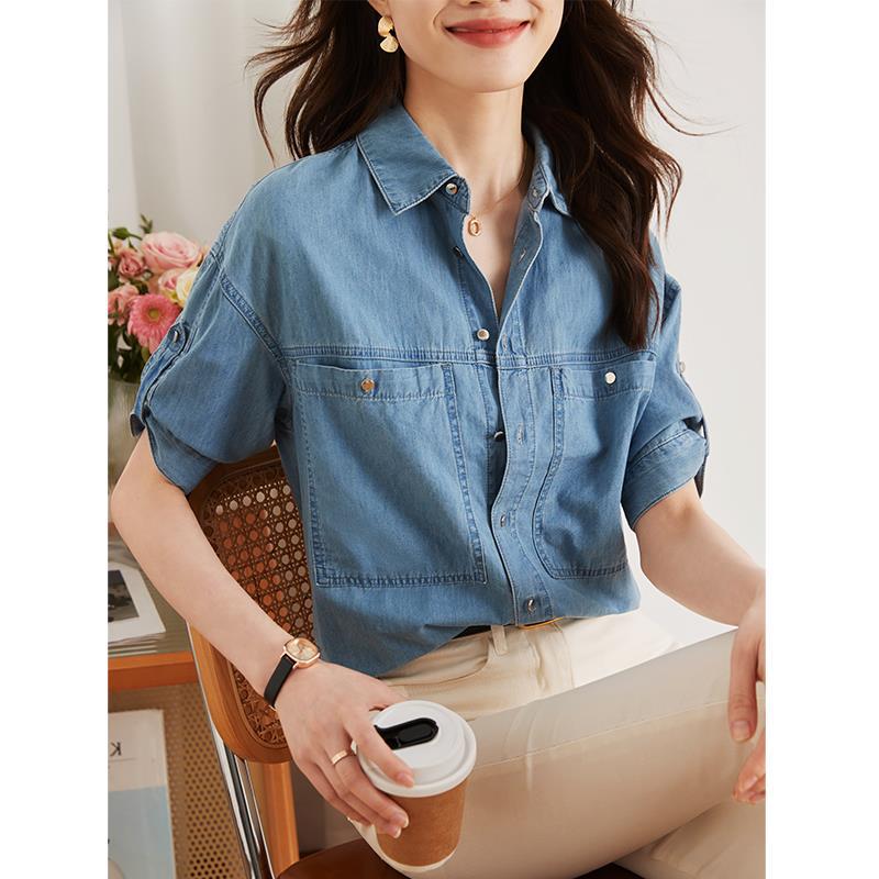 実写大きいサイズ 夏でもブラウス 気質襟付きデニムシャツ女性夏新通勤デザイン感小衆レトロ上着