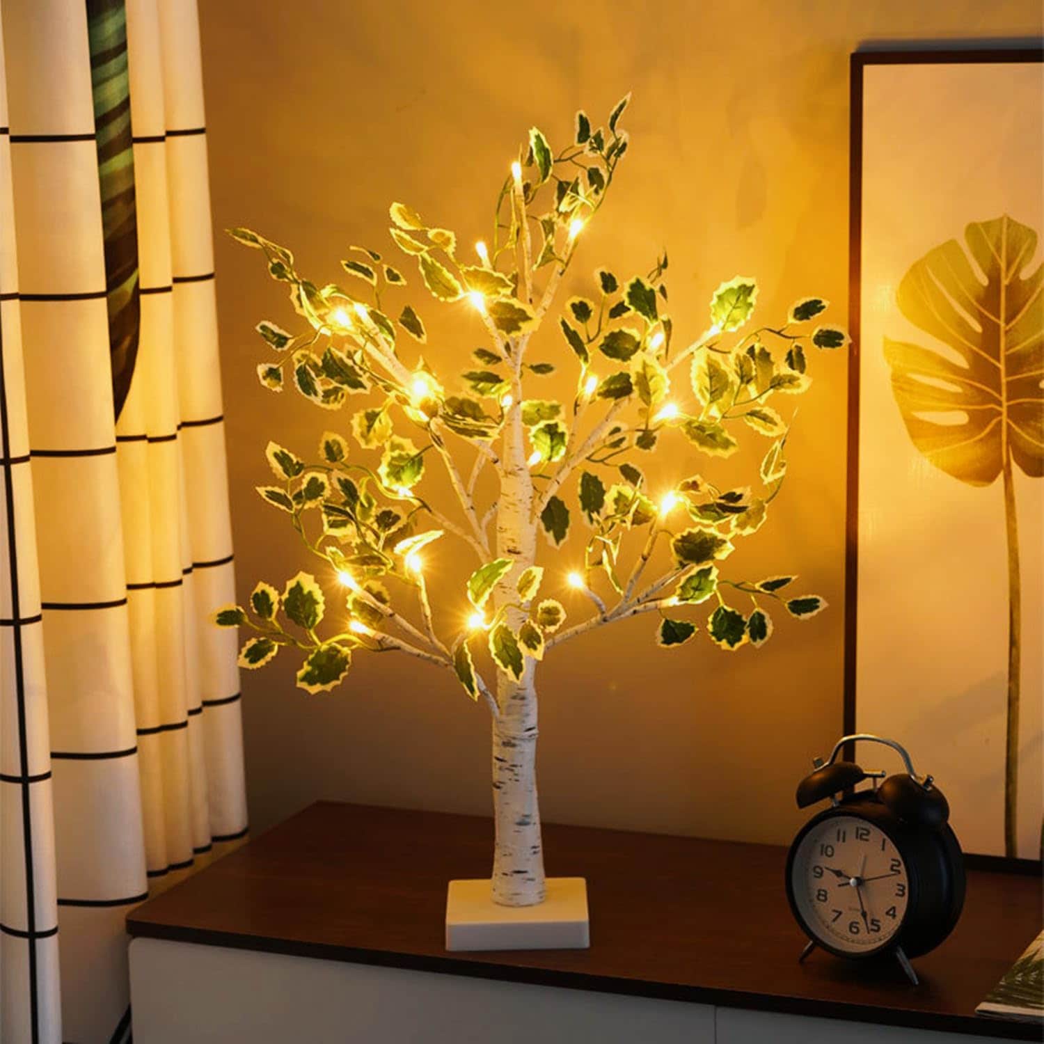 23.6インチの白樺テーブルツリーライト人工緑の葉と24個のウォームホワイトLED付きクリスマスライトアップツリー暖炉寝室ホームパーティー結婚式クリスマス装飾テーブルミニ盆栽ツリーランプ