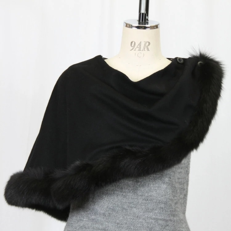カシミヤ混 リバーシブル ケープ フォックス ファー トリミング アシンメトリー 送料無料 レディース ギフト プレゼント