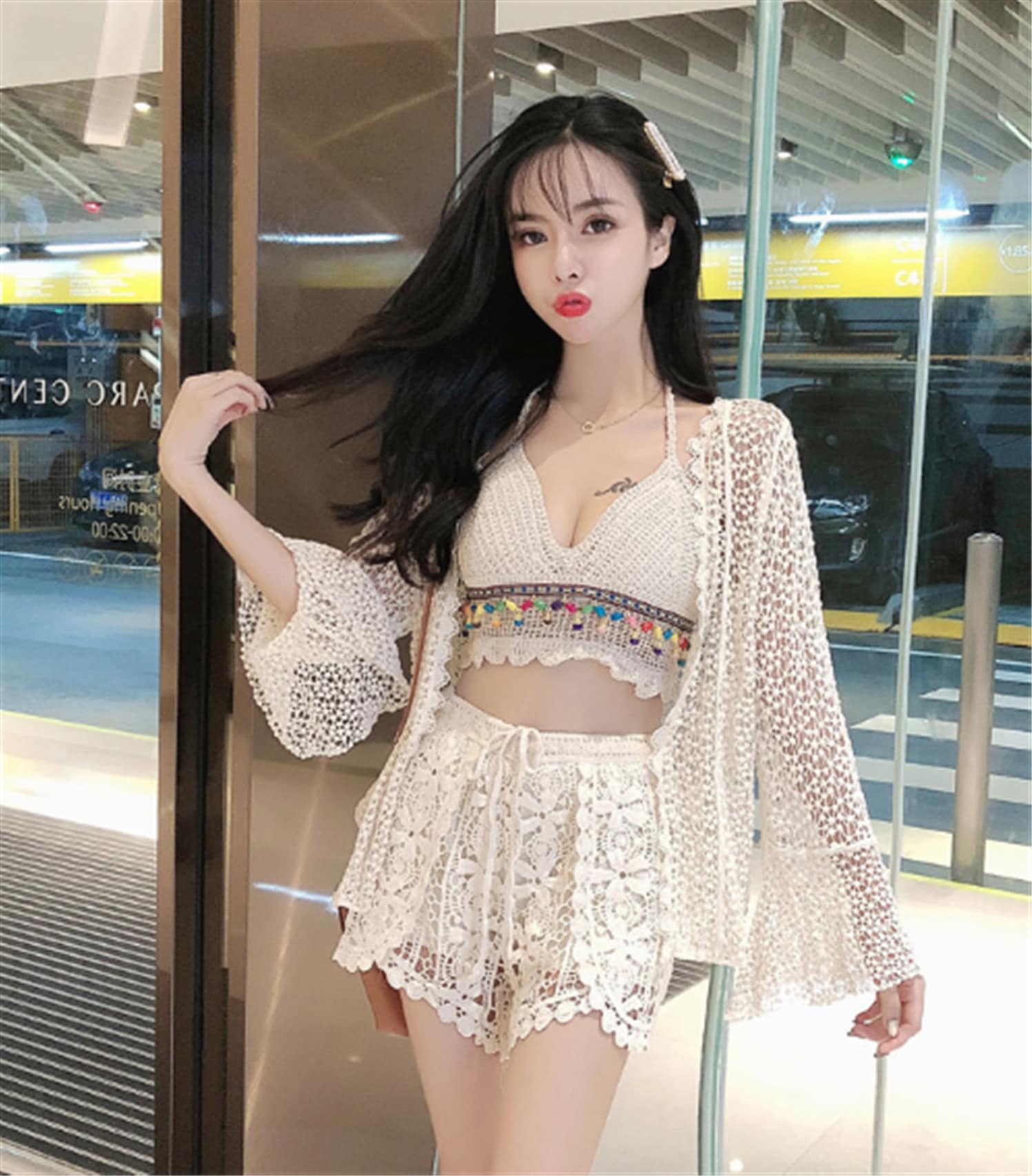 水着 スイムウェア 3点セット セパレート スリーピース 羽織 パンツ スカート ハイウエスト オープンバッグ レース かわいい 大人可愛い きれいめ セクシー シンプル カジュアル 大人っぽい