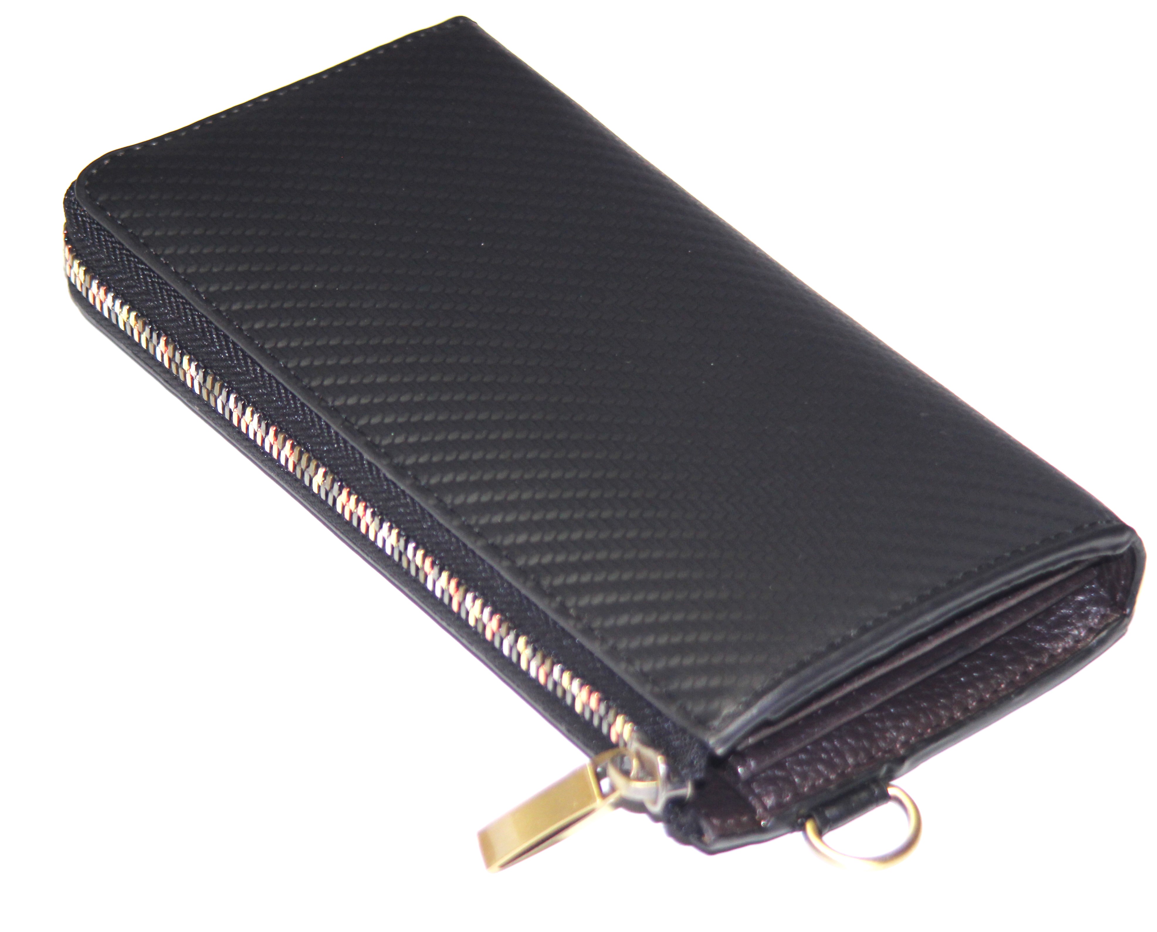 【新規OPEN】【期間限定セール】【激安】【新品未使用】 牛革　カーボンレザー　男女兼用　レインボーファスナー　Ｌ字型モデル　ラウンドロングウォレット　BS-22606　ブラック