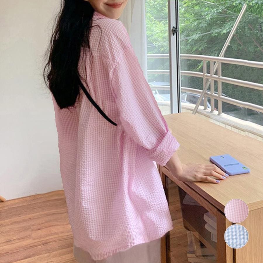 【超お得1つ買うと10個もらえる】[今日は安い-出荷が早い]シャツブラウス チェック柄 レディース 夏 ピンク格子縞 長袖 トップス おしゃれ 薄手 羽織 冷房対策