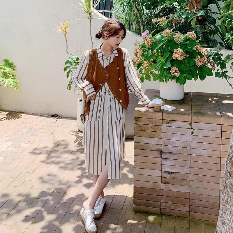 【3日出荷】レディースストライプシャツワンピースベスト二点セットアップ韓国ファッションインナー秋服 5,453円