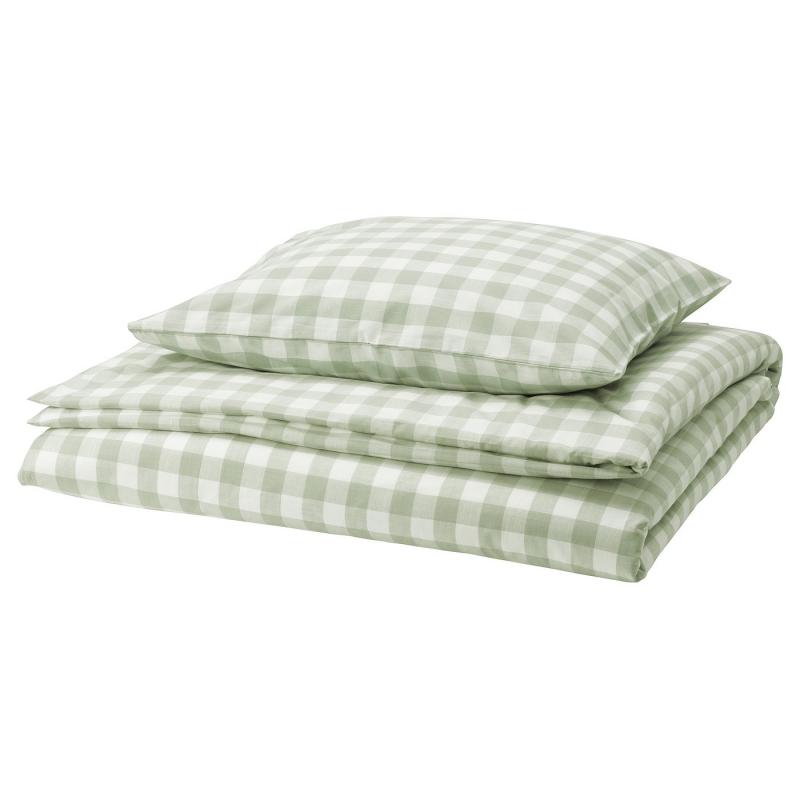 EKTANDVINGE エークタンドヴィンゲ 掛け布団カバー＆枕カバー - ペールグレーグリーン ホワイト/チェック 150x200/50x60 cm