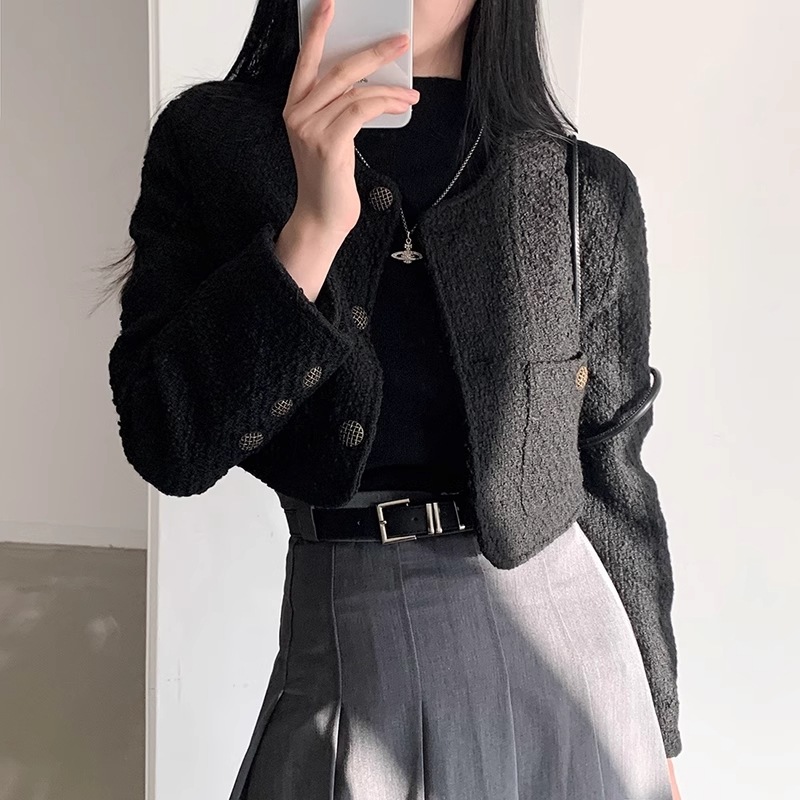 ジャケット レディース ショート 長袖 Uネック スリム ボタン ツイード 大人可愛い きれいめ 上品 おしゃれ かっこいい レトロ クール かっちり 無地 春 入学式 ママ オルチャン 20代