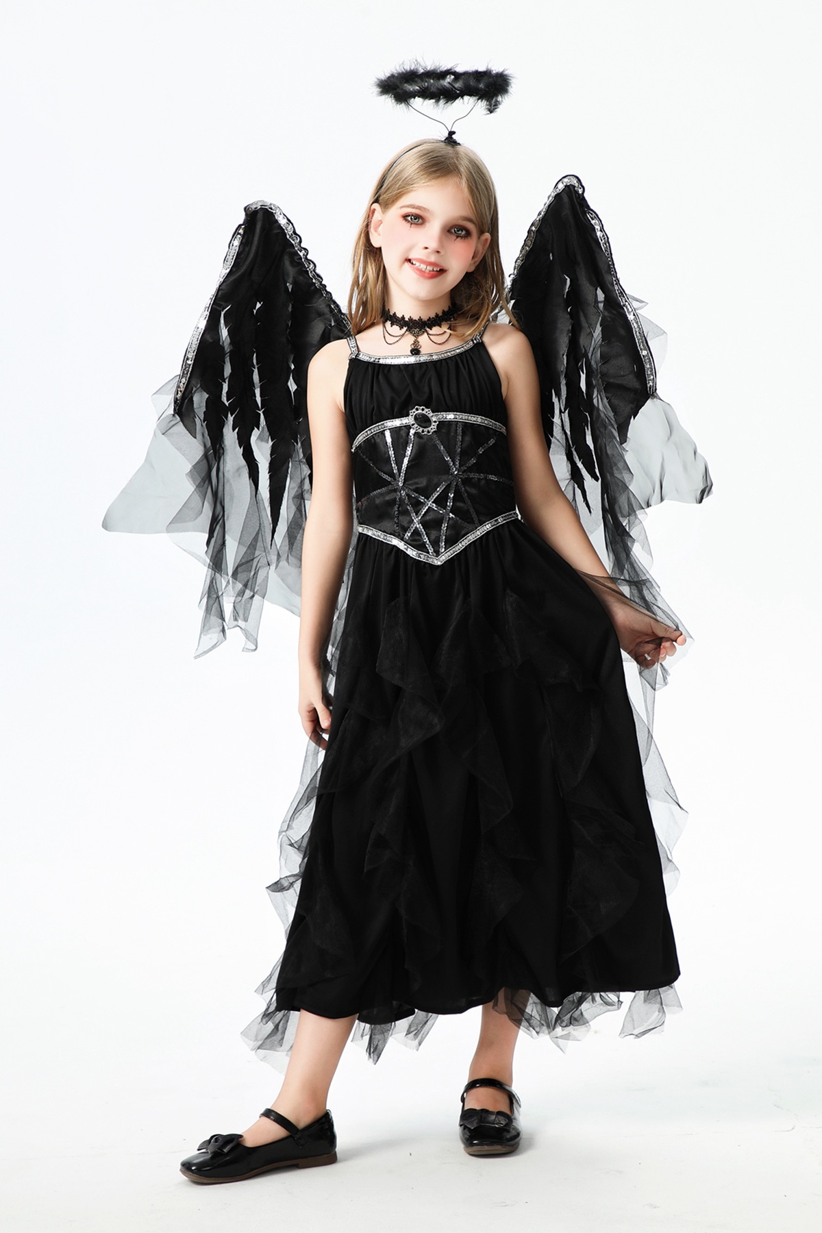 ハロウィンの子供用コスチューム女の子魔法の呪文悪魔天使の羽ダークエルフヨーロッパとアメリカの子供服パフォーマンスドレス