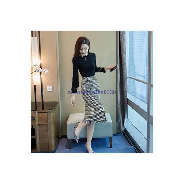 セットアップ レディース 上下２点セット ニットセーター トップス ブラウス 長袖 無地 タイトスカート フロントスリット 格子柄 チェック柄 ロン 5,520円