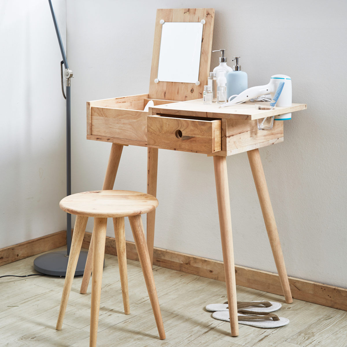 ドレッサー チェアセット ドライヤーホルダー付 NATURAL SIGNATURE デスク 机 鏡台 化粧台 木製 天然木 引き出し 鏡 ミラー 椅子 スツール ワークデスク コスメ メイク台