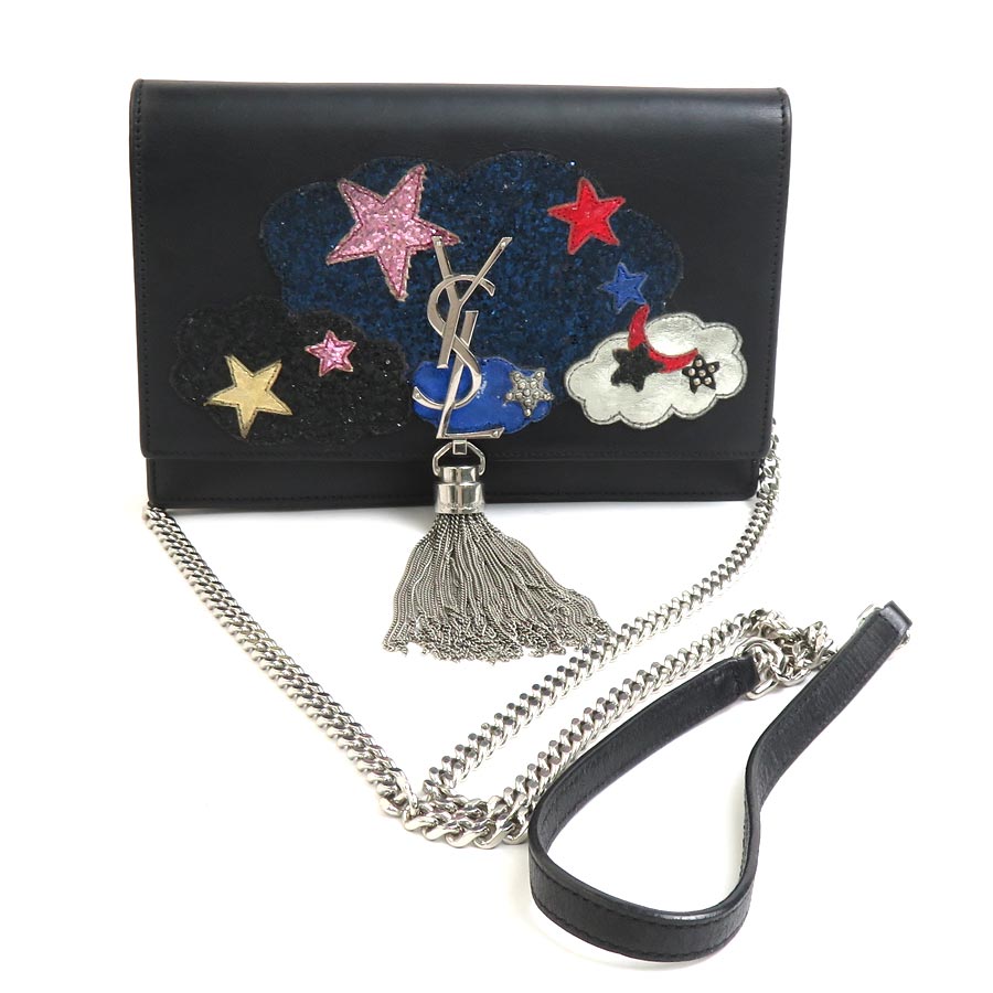 サンローラン SAINT LAURENT チェーンウォレット レザー ブラック×マルチカラー レディース 90050a