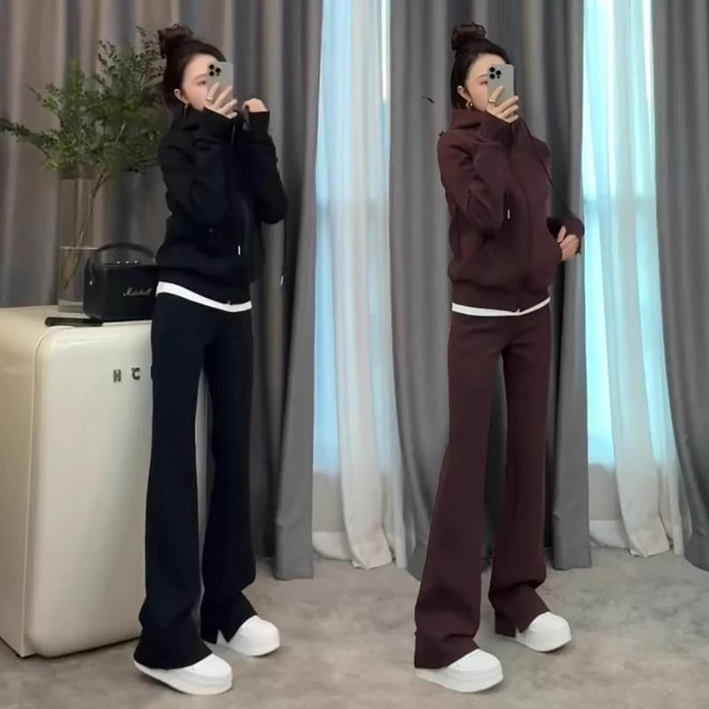 ハイエンドのカスタマイズ-春と秋のプラスサイズファット mm スポーツウェア スーツ女性のフード付きジャケット ストレート ワイドレッグ パンツ 2 点セット 2-300 斤