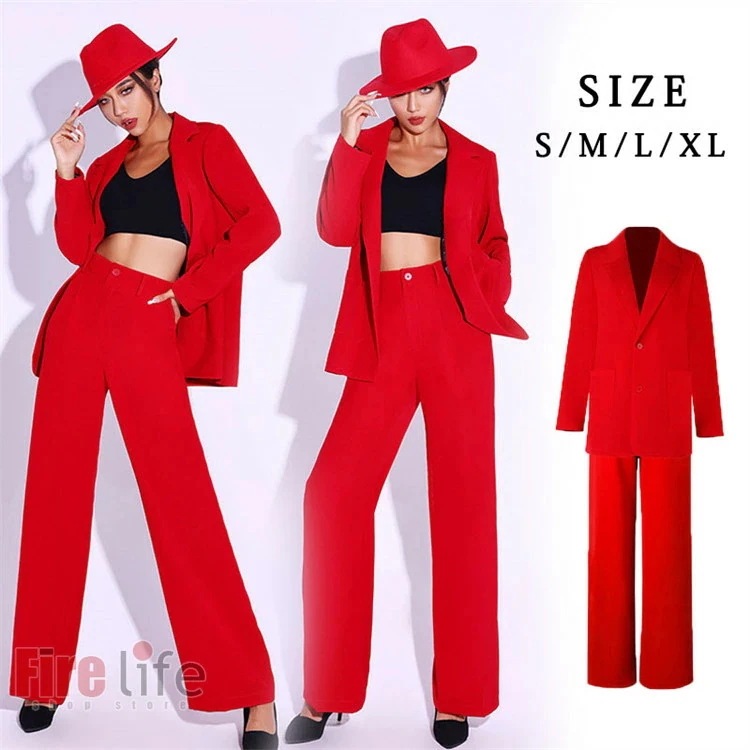 ダンスウェアセール ダンス衣装 レディース 韓国 アイドル 赤 スーツセット ダンス衣装 大人 セットアップ 無地 長袖 レッド ジャケット パンツ JAZZ ヒップホップ ステージ衣装 DS ダンス