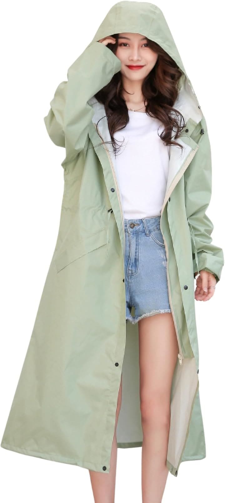 選べる着丈2種類／膝丈/ロング丈 レインコート おしゃれ レディース 通勤 通学 かわいい 撥水 防水 フード 自転車 バイク 梅雨 袋付き 長め(ロング丈/ライトグリーン, L)