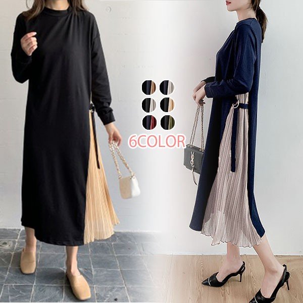 長袖 ワンピース プレゼント サイドプリーツワンピース ホワイトデー レディース プリーツ THOM 切り替え ミモレ丈 WILLS きれいめ 母の日