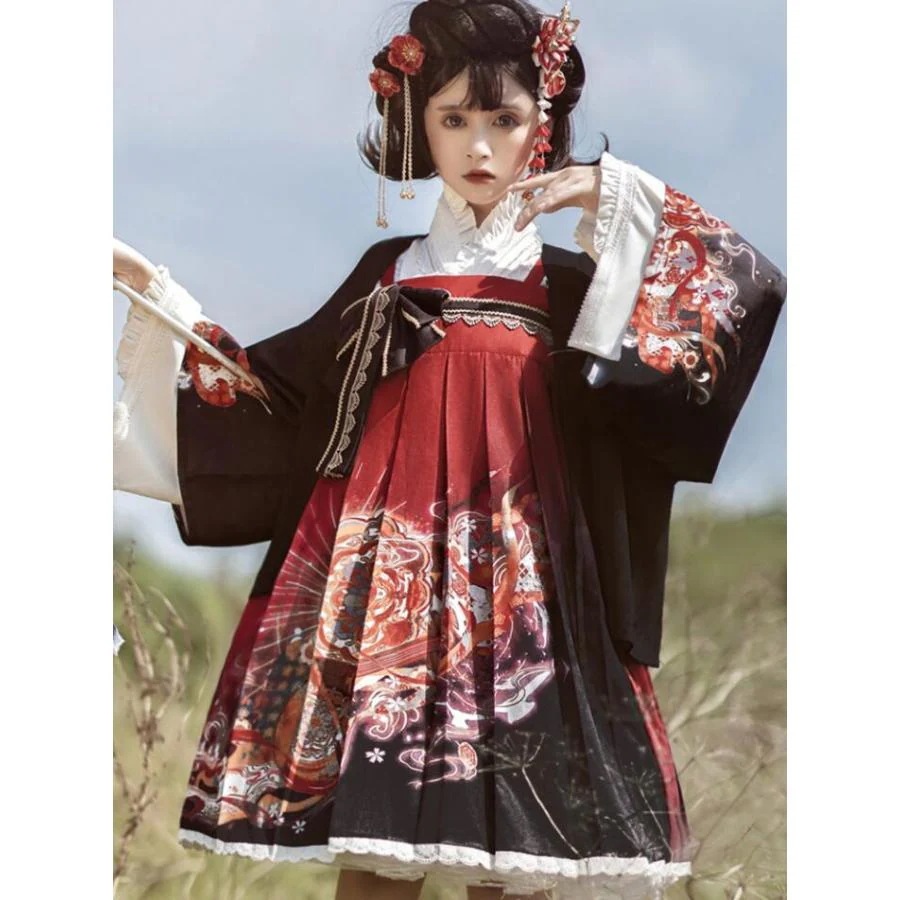 ジャンパースカート 羽織り 単品 セット 着物 ドレス 和服 ロリータ ドレス 膝丈 ショート丈 ロリータ ワンピース 大きいリボン レース裾フリル 留め袖 ミドル丈