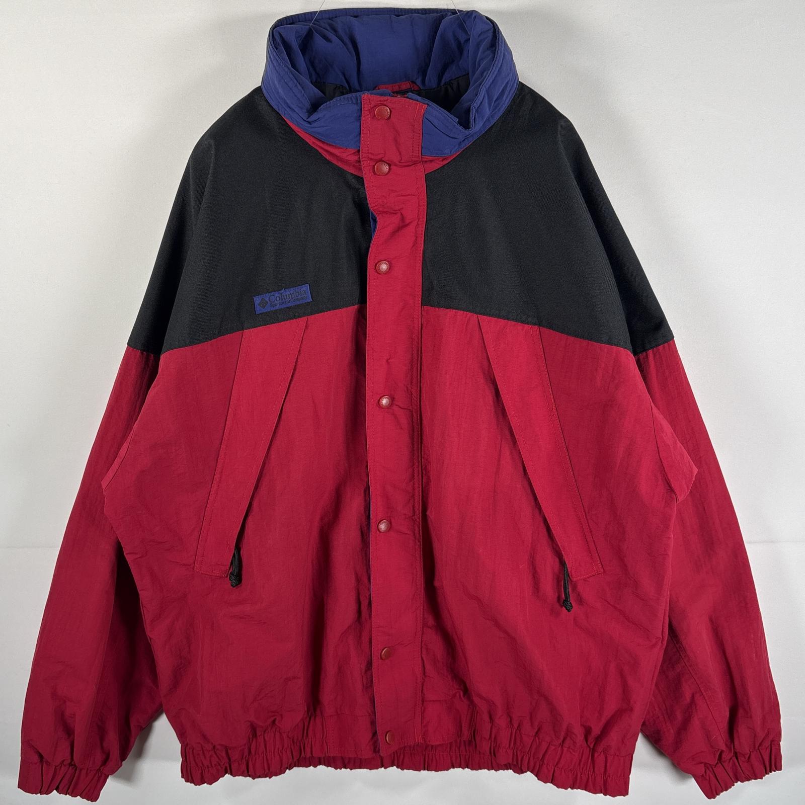 古着 90s/90年代 ナイロンジャケット 大きいサイズ フルジップ ワンポイントロゴ XL レッド マルチカラー メンズ