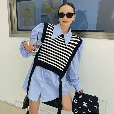 【２点セット】ストライプニットベスト＋長袖シャツ ベスト ツーピース シャツ モード系 レディース オフィス かわいい オシャレ ３カラー a3907