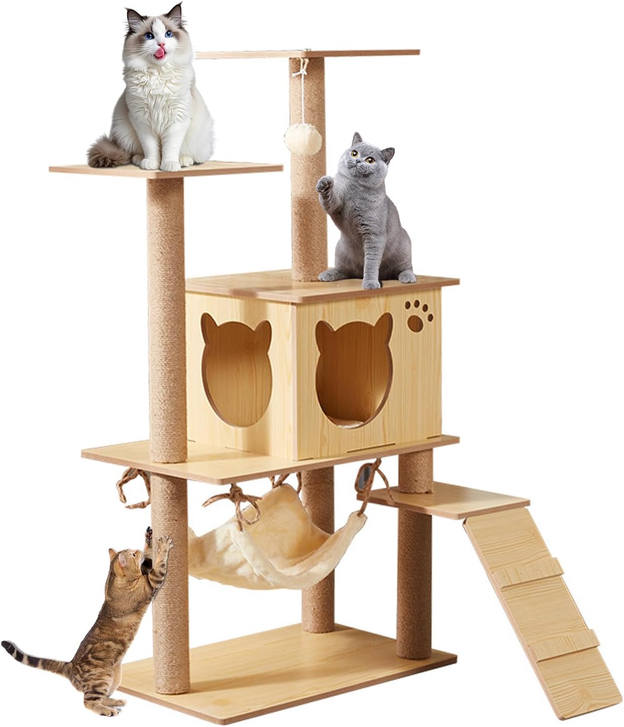 Essgudo キャットタワー 猫タワー 木製 短足猫 猫タワー透明宇宙船 爪とぎ 高さ約115cm 多ステップ 階段付き 省スペース 展望台 安定感 運動不足解消 角丸加工 掃除簡単