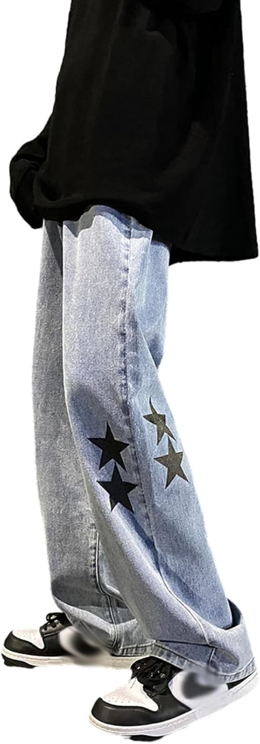 ジーンズパンツ デニムパンツ ロングパンツ メンズ 星柄 ストレート 刺繍 ワイド 大きいサイズ 紳士用 クラッシュ 動きやすい トレンド かっこいい 個性 hiphop 春夏秋 ビター系