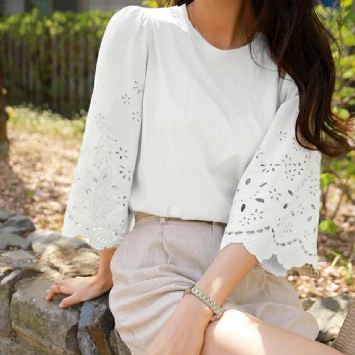 Tシャツ ミディアム丈 7分袖 刺繍 透け感 ラウンドネック 韓国 レディース 切り替えデザイン ふんわり 異素材ミックス オルチャン 可愛い かわいい きちんと 大人可愛い きれいめ