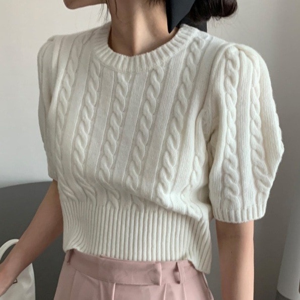 半袖ニット ニット ショート丈 リブ トップス セーター 短丈 半袖 韓国 レディース オルチャン 白 青 水色 ブルー ピンク ホワイト ケーブルニット パフスリーブ かわいい 可愛い