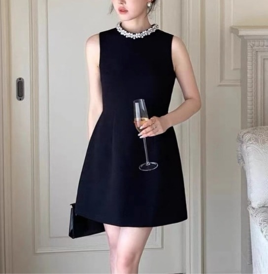 フォーマルミニワンピース パール襟 黒 ノースリーブ Aラインスカート タンクトップ 韓国 レディース オルチャン かわいい 可愛い 大人かわいい シンプル 無地 きれいめ キュート お洒落