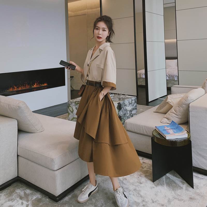 即日発送2色 半袖ワンピース バイカラー レディース シャツワンピ 個性的 フリル フィッシュテール ミドル丈 襟付き 春 夏 ワンピース ドレス 五分袖 ウエストマーク 脚長 Aライン ギャザー 無