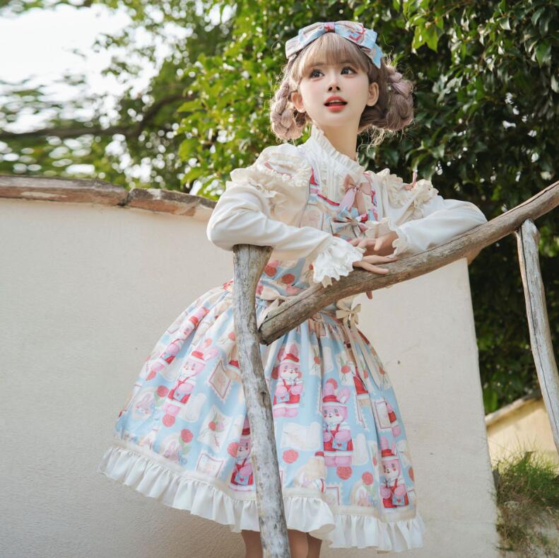 ロリータワンピース 可愛いロリータ服 ジャンパースカート 甘ロリータ プリンセスドレス プリント柄 ウサギ柄 うさぎちゃん パーティードレス 可愛いスカート 萌え 大人コスチューム ゴス